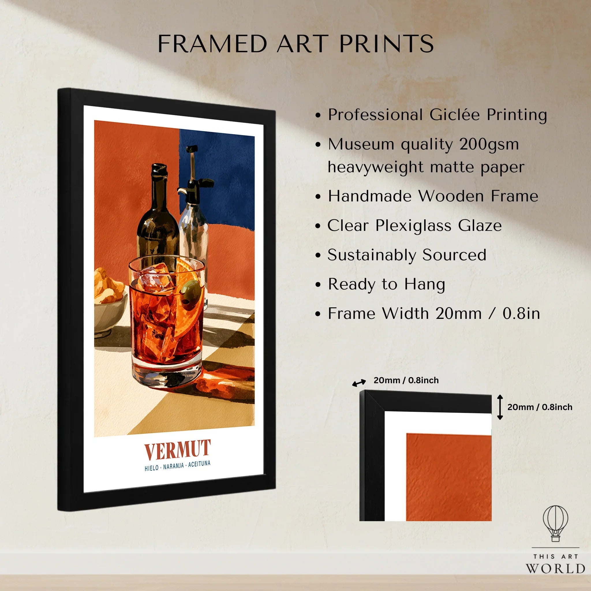 Spanish Vermouth Cocktail Poster - framed print details measurements quality details