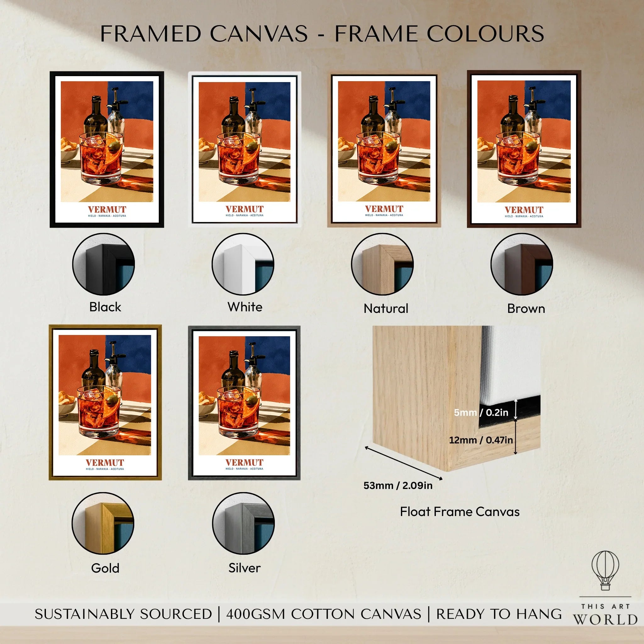 Spanish Vermouth Cocktail Poster - framed canvas float frame colour options