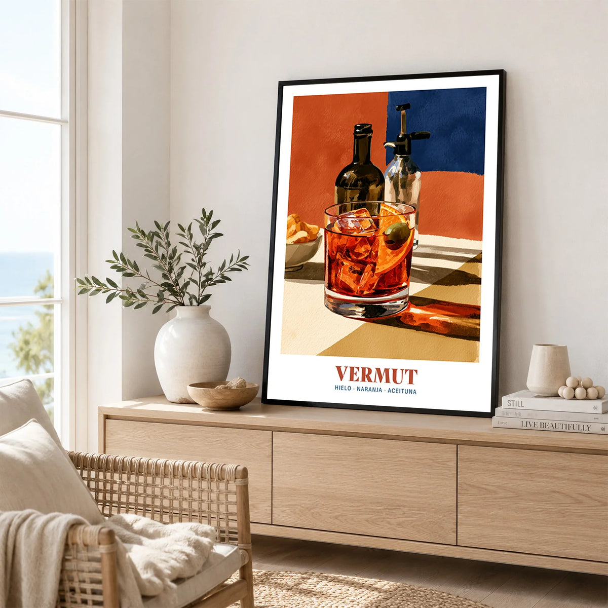 Spanish Vermouth Cocktail Poster - framed artwork living room lifestyle setting