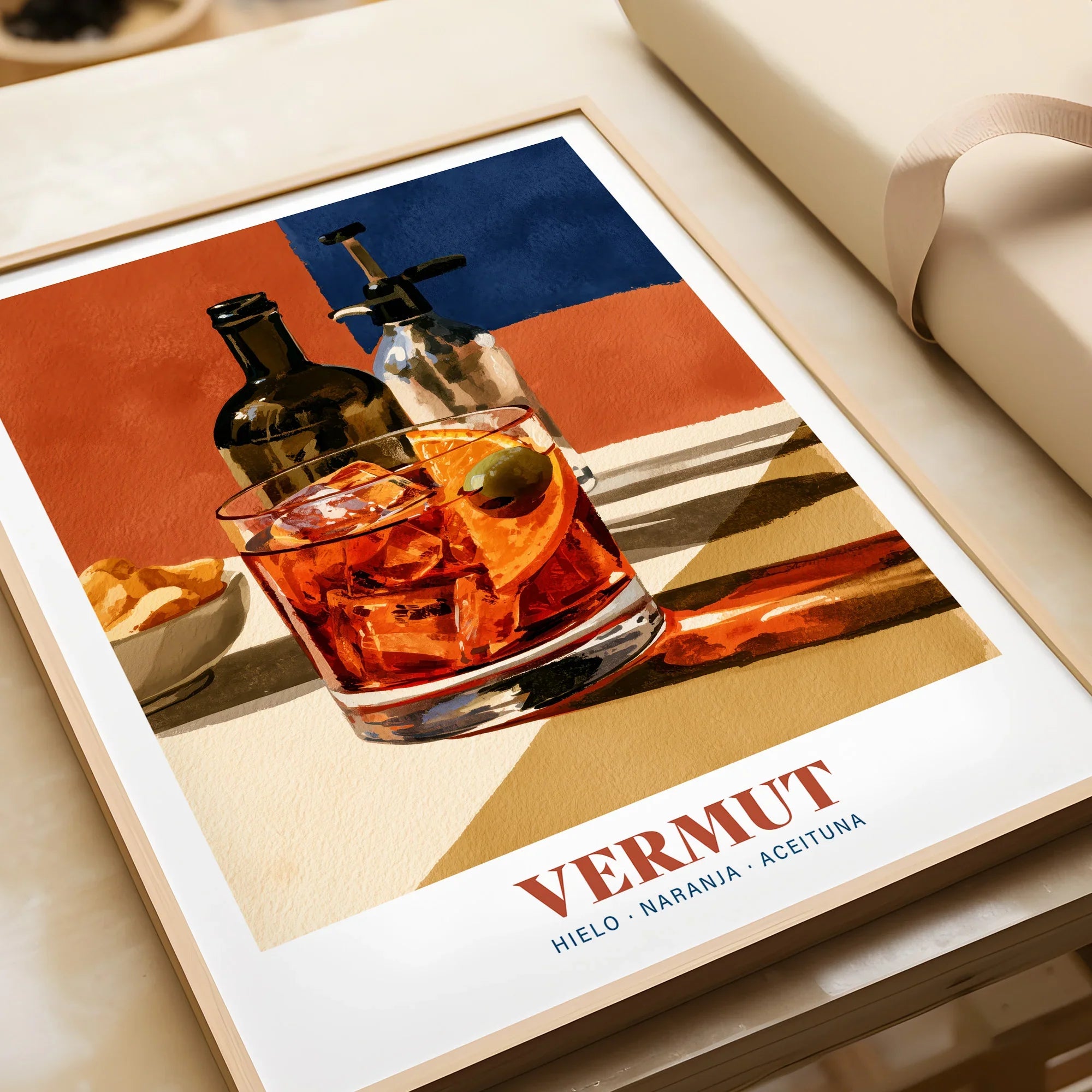 Spanish Vermouth Cocktail Poster - framed art print closeup gift unwrapped natural frame