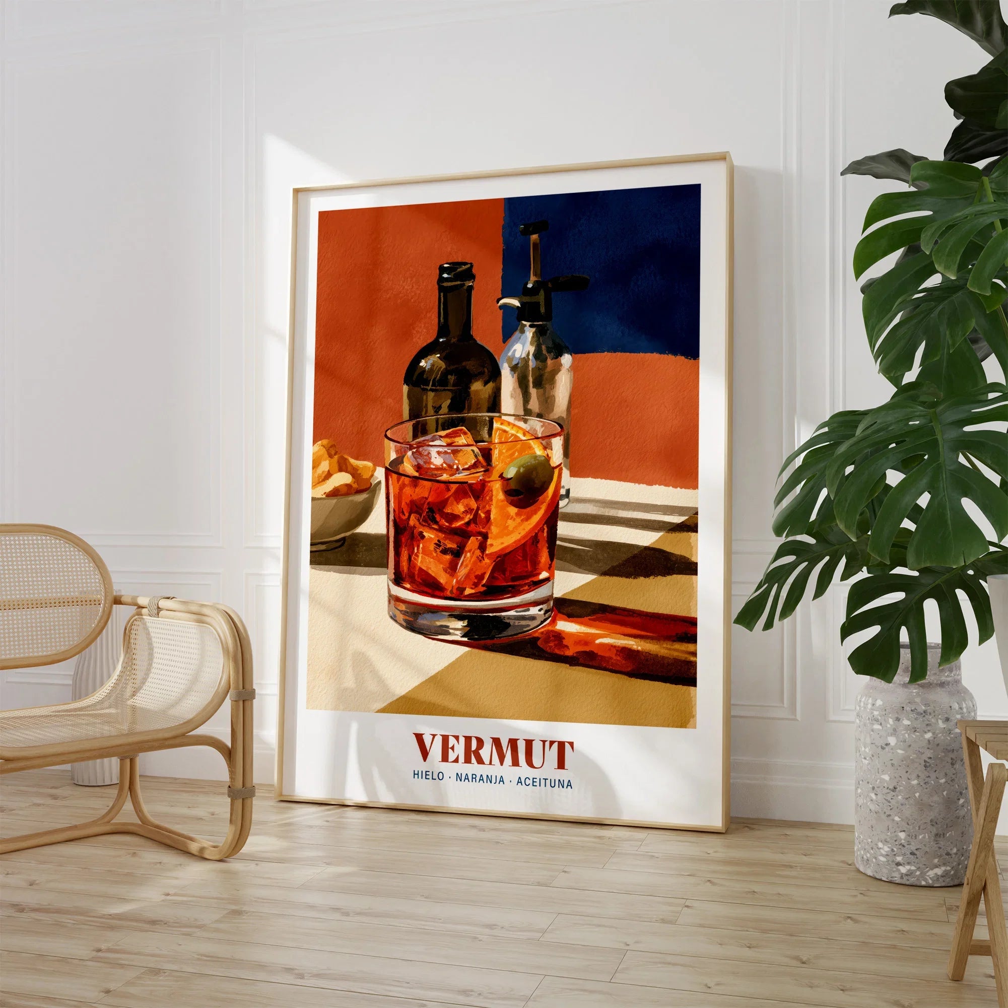 Spanish Vermouth Cocktail Poster - large framed print room setting chair plant