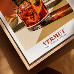 Spanish Vermouth Cocktail Poster - closeup framed canvas natural wood floating frame