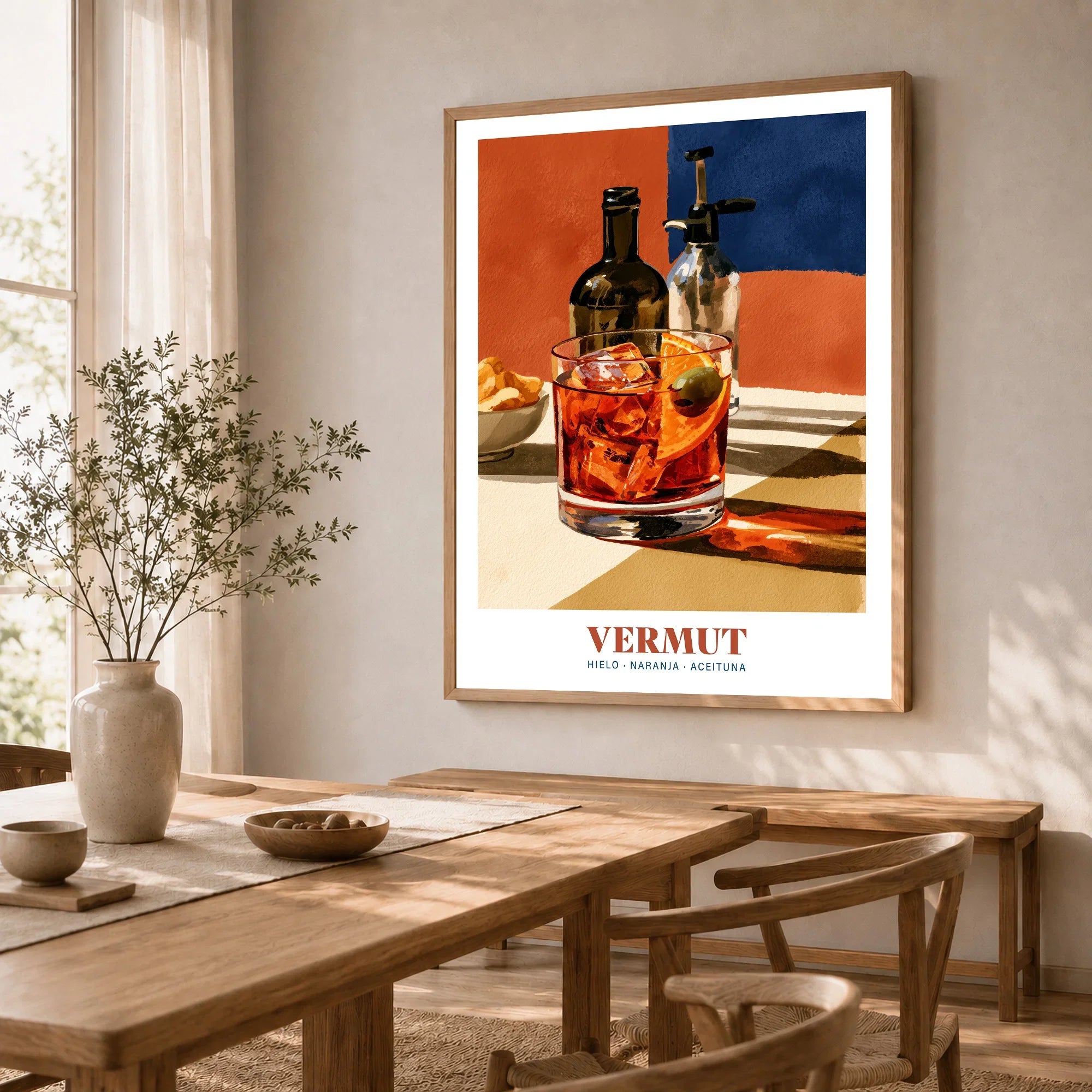Spanish Vermouth Cocktail Poster - dining room framed print natural wood frame mockup ThisArtWorld