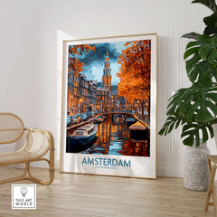 Vibrant Amsterdam Canal View Poster - Colourful Reflection on the Canals Art in a modern living room setting.