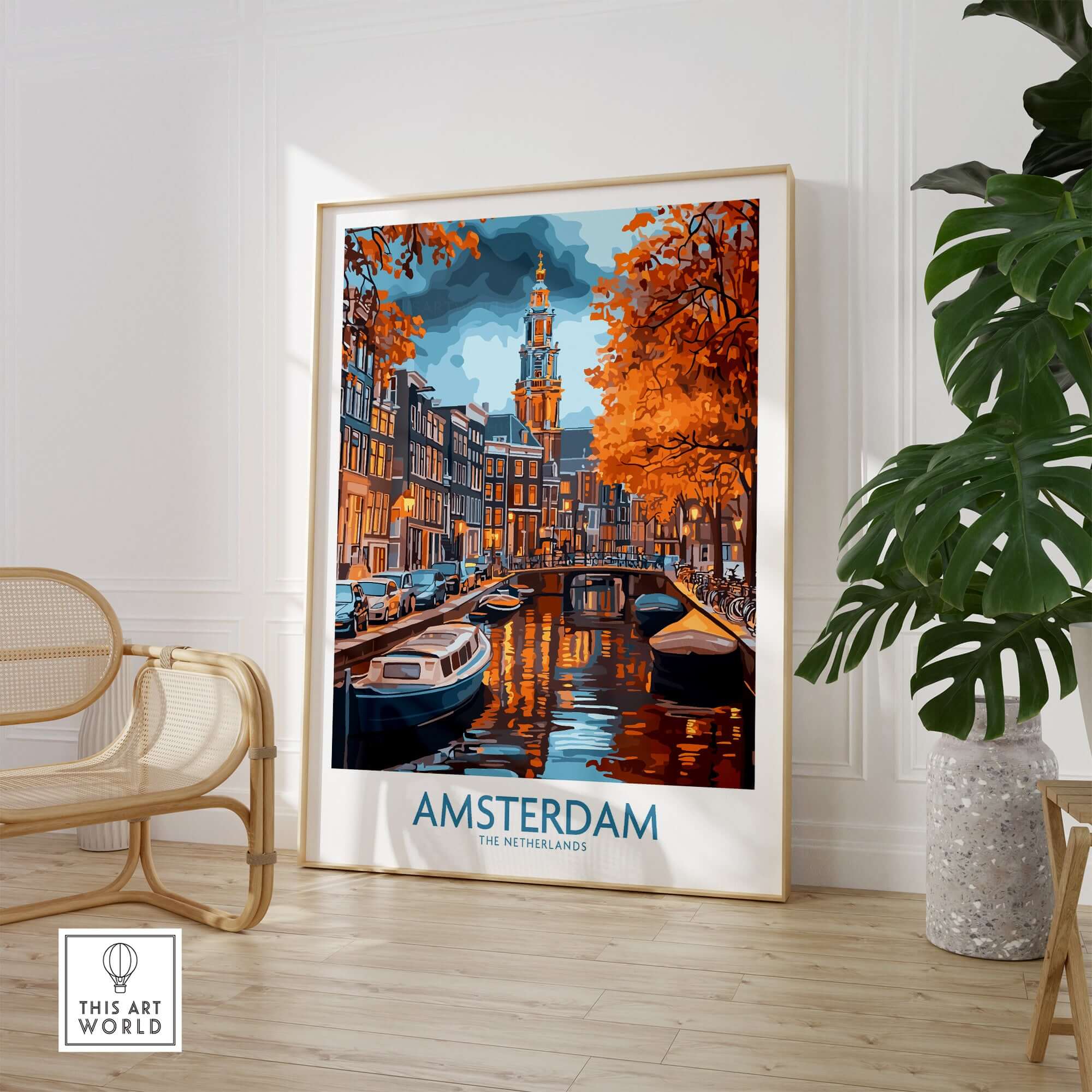 Vibrant Amsterdam Canal View Poster - Colourful Reflection on the Canals Art in a modern living room setting.