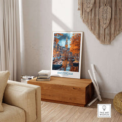 Vibrant Amsterdam Canal View Poster - Colourful Reflection on the Canals Art displayed in a cozy interior setting.
