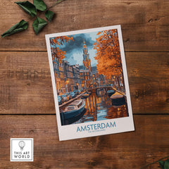 Vibrant Amsterdam Canal View Poster - Colourful Reflection on the Canals Art showcasing Amsterdam's idyllic canals.