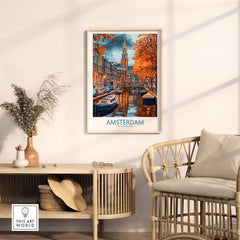 Vibrant Amsterdam Canal View Poster - Colourful Reflection on the Canals Art in a stylish room setting.