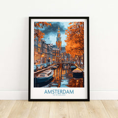 Vibrant Amsterdam Canal View Poster - Colourful Reflection on the Canals Art showcasing colorful reflections in autumn.