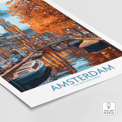 Vibrant Amsterdam Canal View Poster - Colourful Reflection on the Canals Art showcasing autumn colors and boats on the canal.
