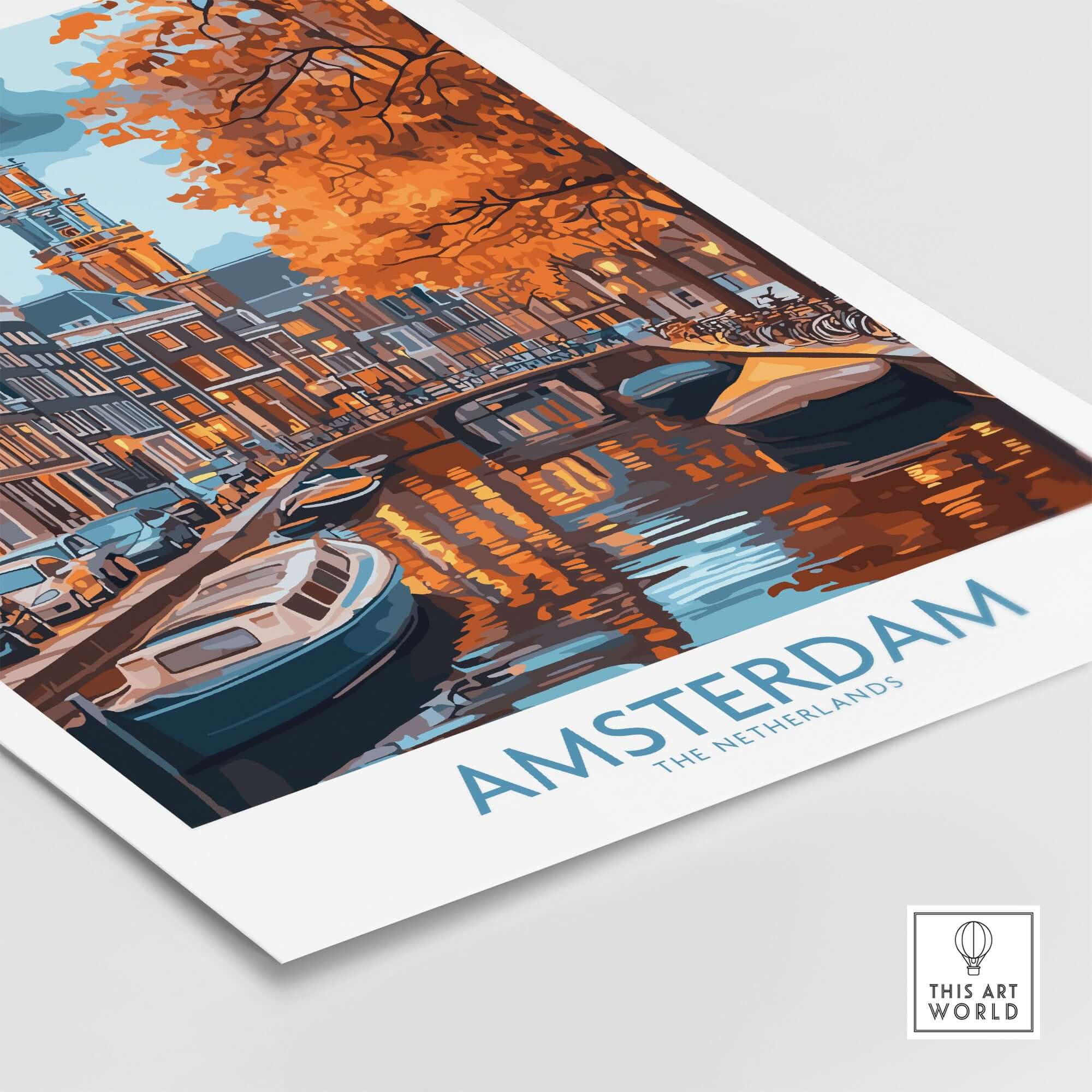 Vibrant Amsterdam Canal View Poster - Colourful Reflection on the Canals Art showcasing autumn colors and boats on the canal.