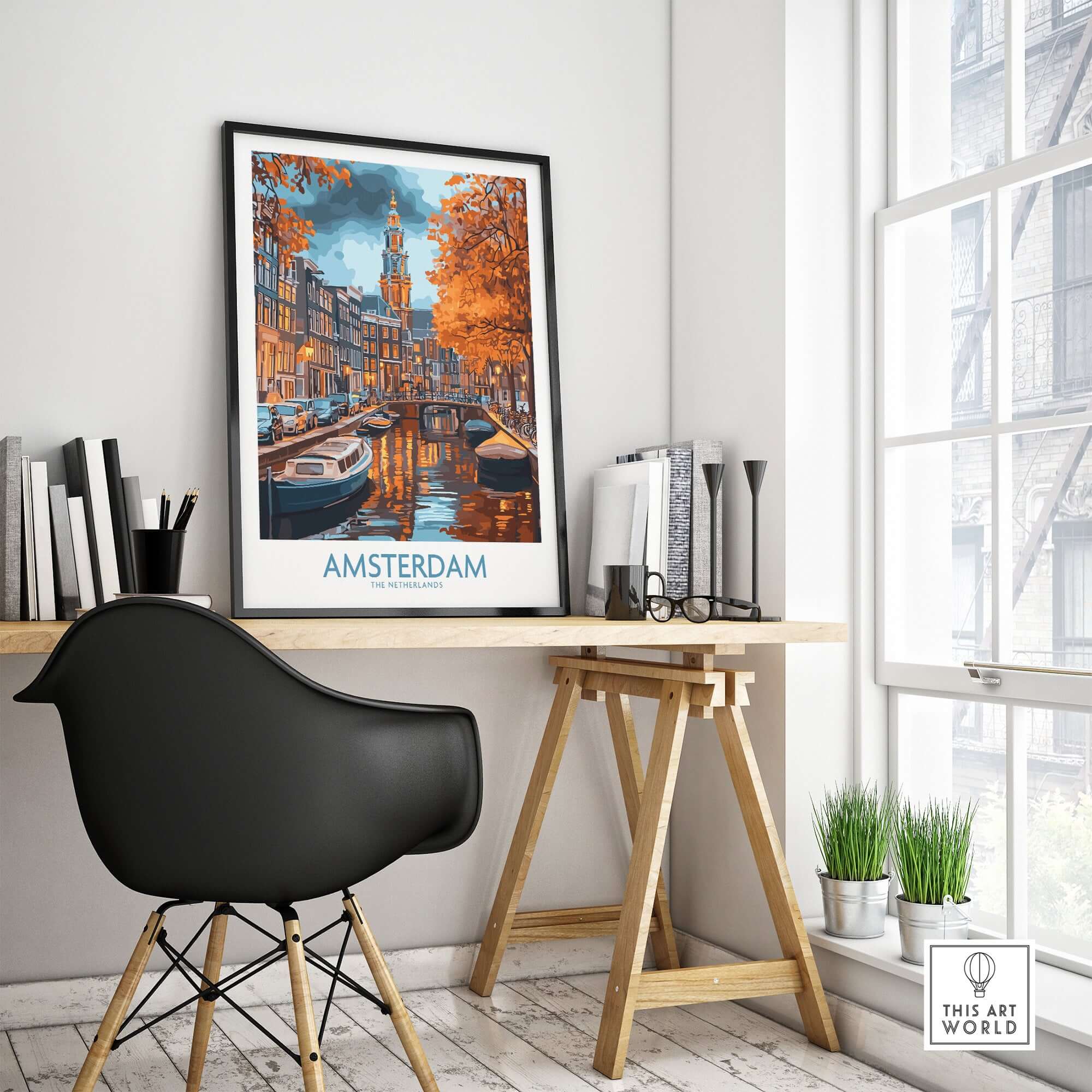 Vibrant Amsterdam Canal View Poster - Colourful Reflection on the Canals Art displayed in a stylish interior setting.