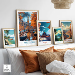 Vibrant Amsterdam Canal View Poster - Colourful Reflection on the Canals Art displayed alongside other travel posters.