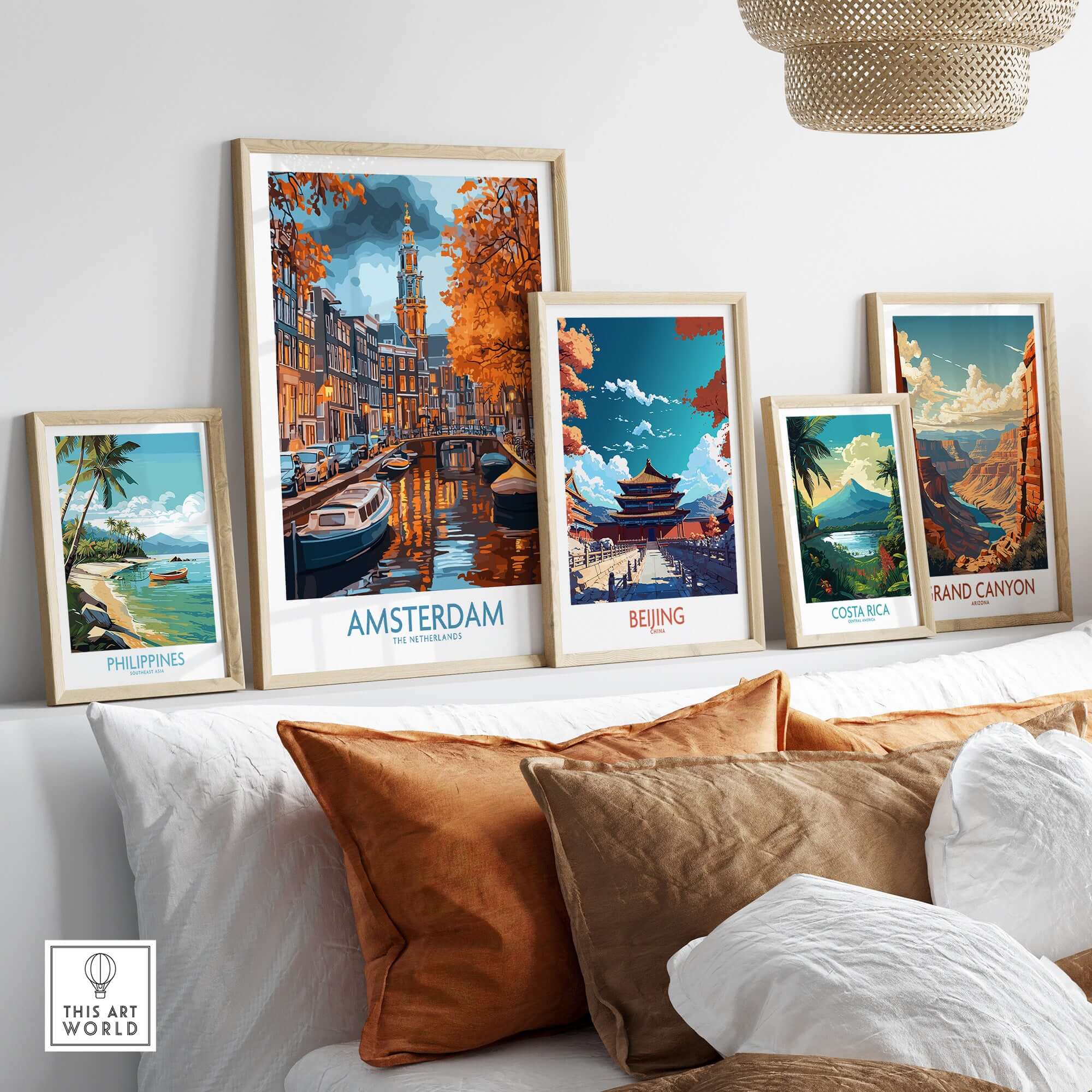 Vibrant Amsterdam Canal View Poster - Colourful Reflection on the Canals Art displayed alongside other travel posters.