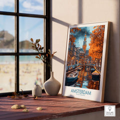 Vibrant Amsterdam Canal View Poster - Colourful Reflection on the Canals Art displayed near a window with beach view.