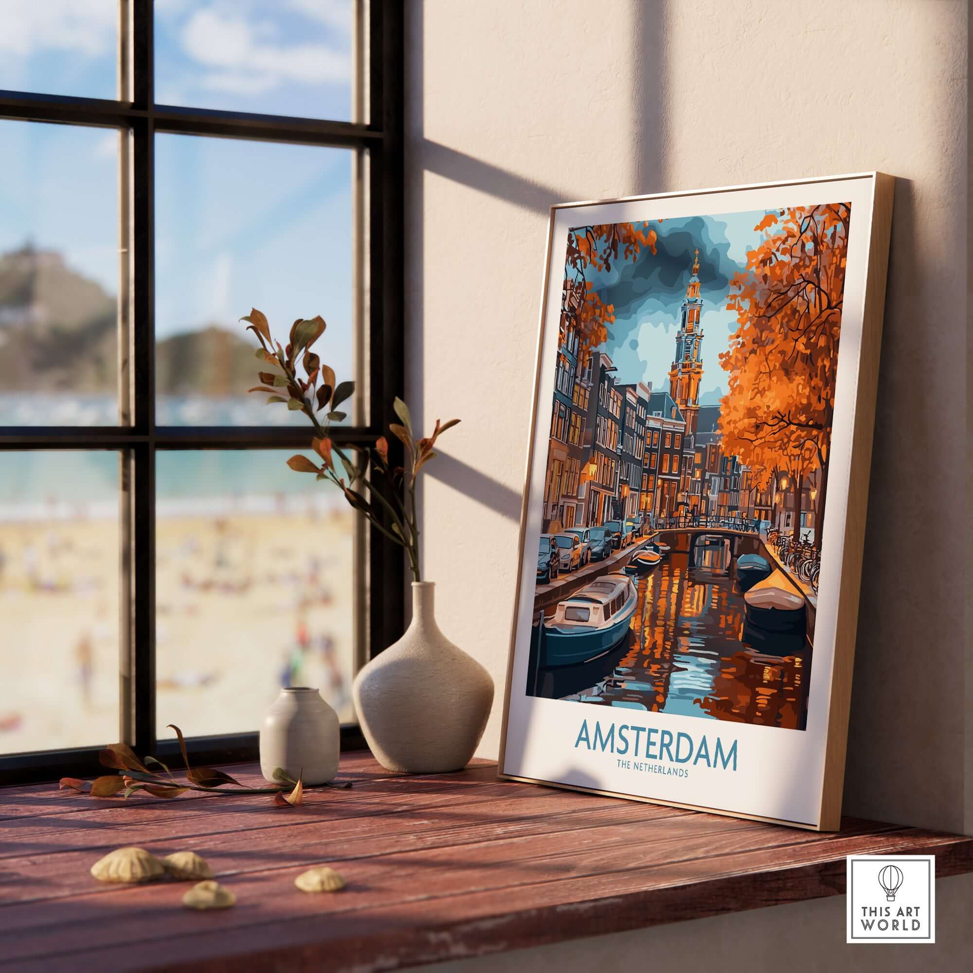 Vibrant Amsterdam Canal View Poster - Colourful Reflection on the Canals Art displayed near a window with beach view.