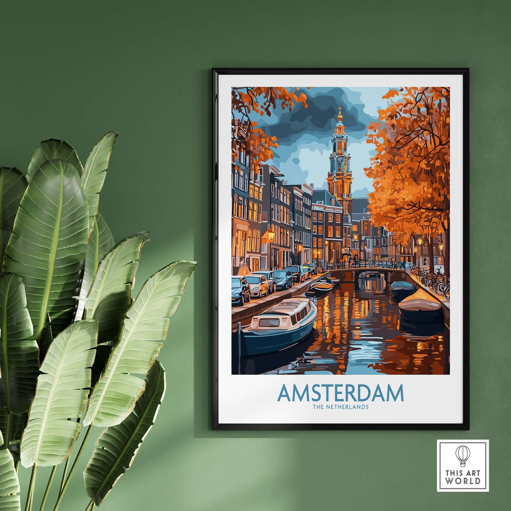 Vibrant Amsterdam Canal View Poster - Colourful Reflection on the Canals Art displayed with green plant