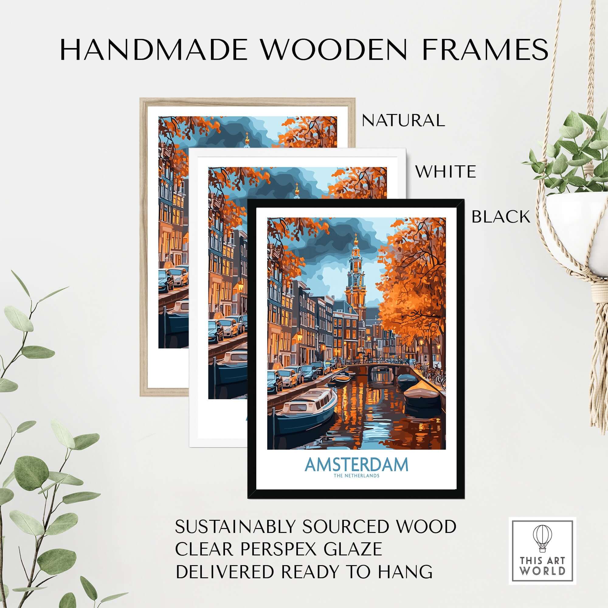 Handmade wooden frames in natural, white, and black styles for artworks, featuring vibrant Amsterdam canal views.