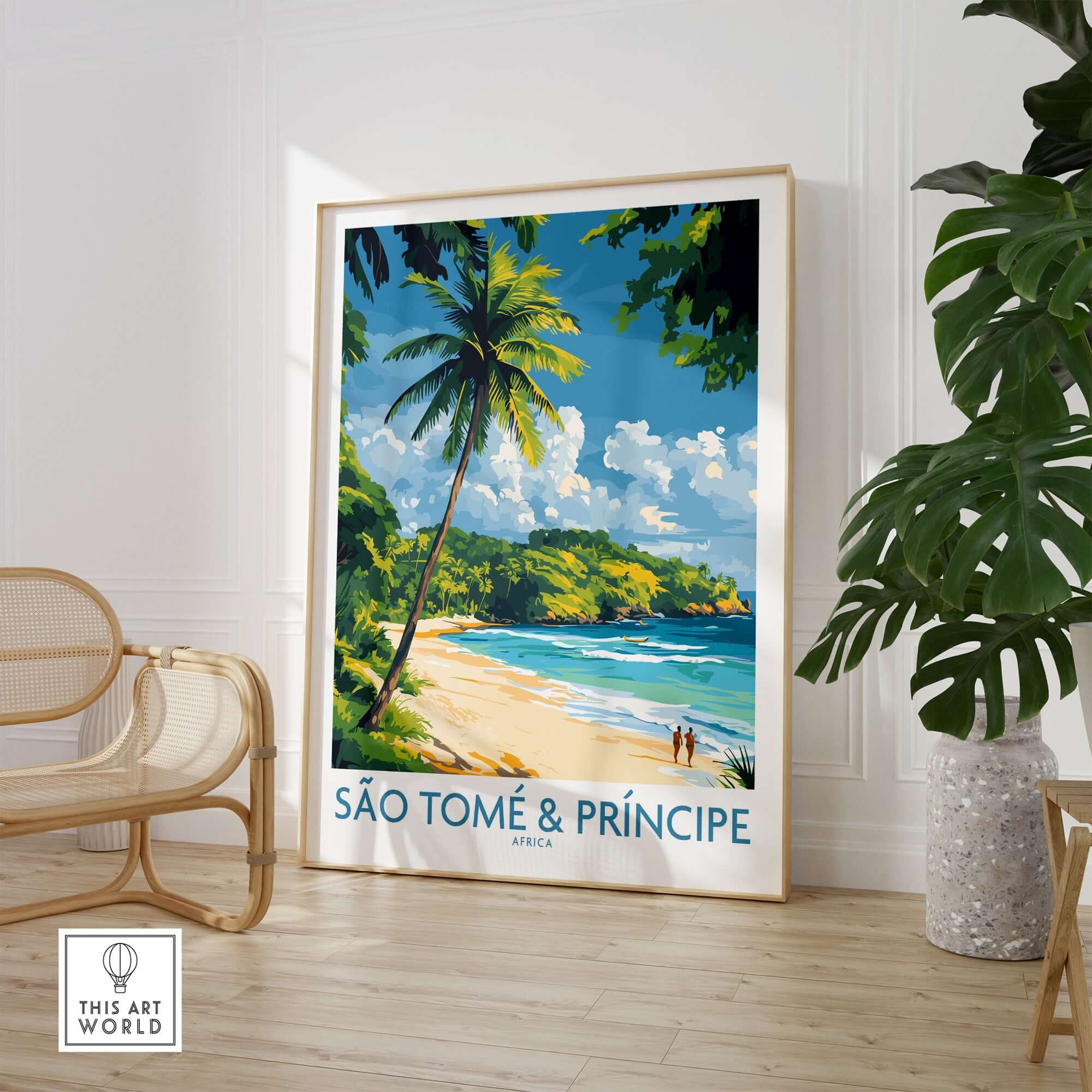 Vibrant São Tomé & Príncipe Beach Prints for Your Home displayed in a stylish living room with tropical decor.