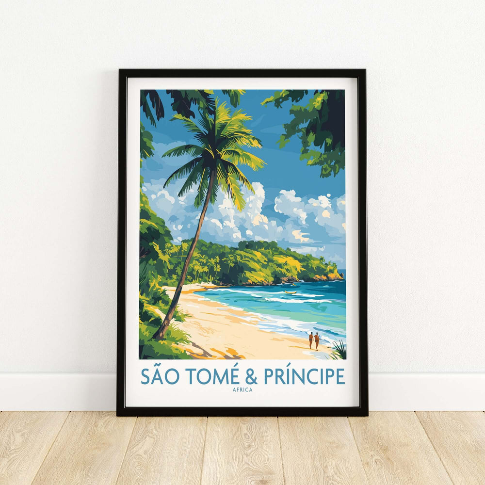 Vibrant São Tomé & Príncipe beach art print featuring palm trees and clear waters, perfect for home decor.