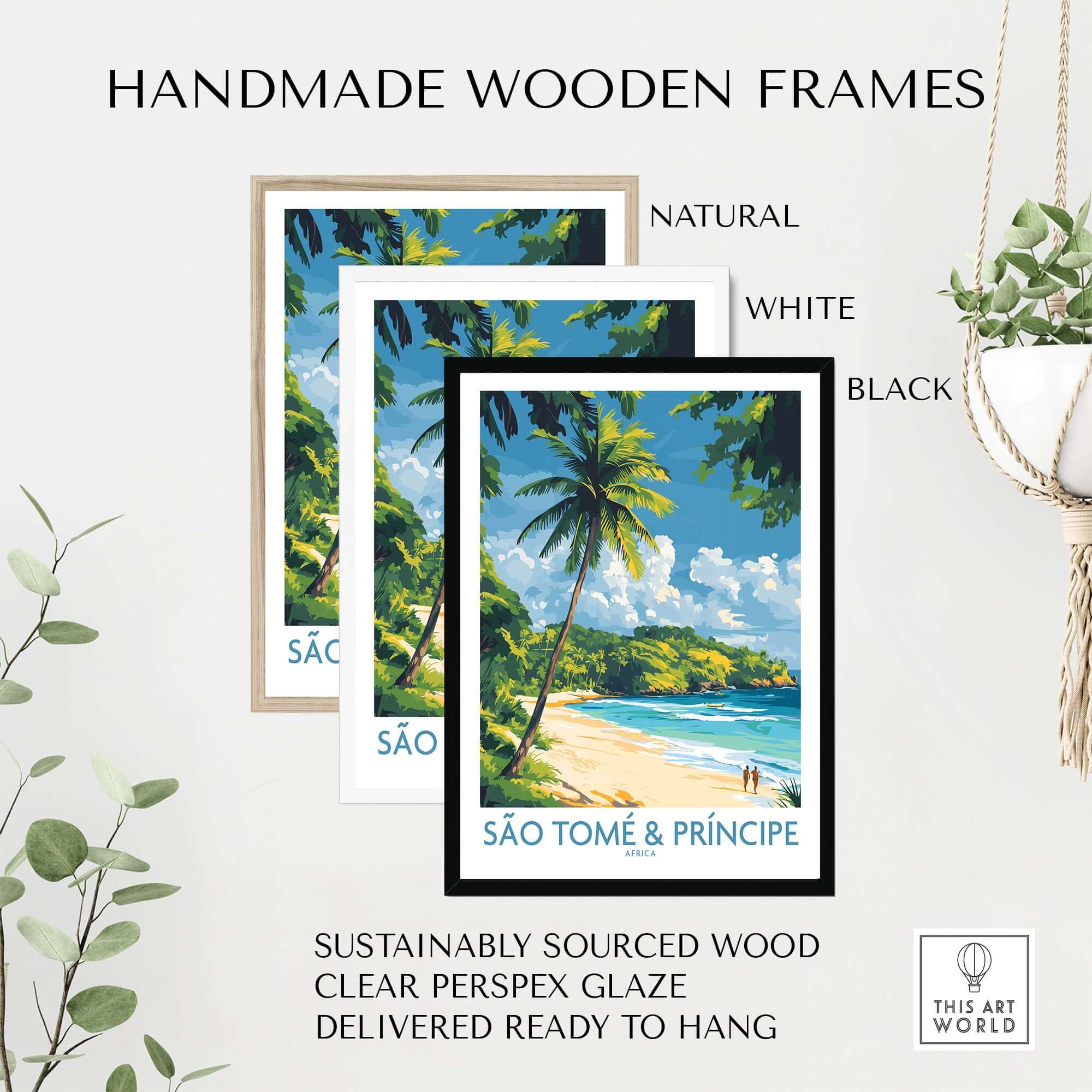 Vibrant São Tomé & Príncipe Beach Prints for Your Home in natural, white, and black handmade frames.