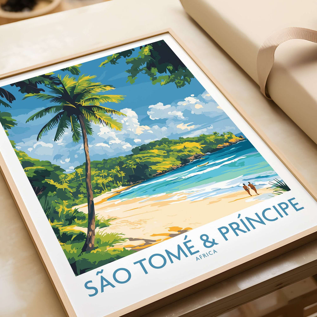 Vibrant São Tomé & Príncipe beach art print showcasing palm trees and crystal-clear waters for home decor.