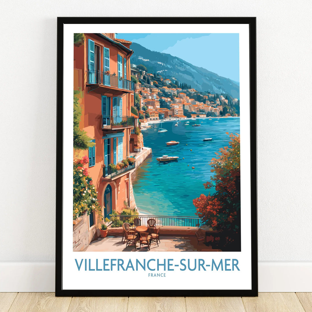 Villefranche-sur-Mer art print in black frame, coastal travel poster with seaside view.