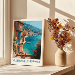 Villefranche-sur-Mer travel poster canvas print on windowsill with vase of dried flowers