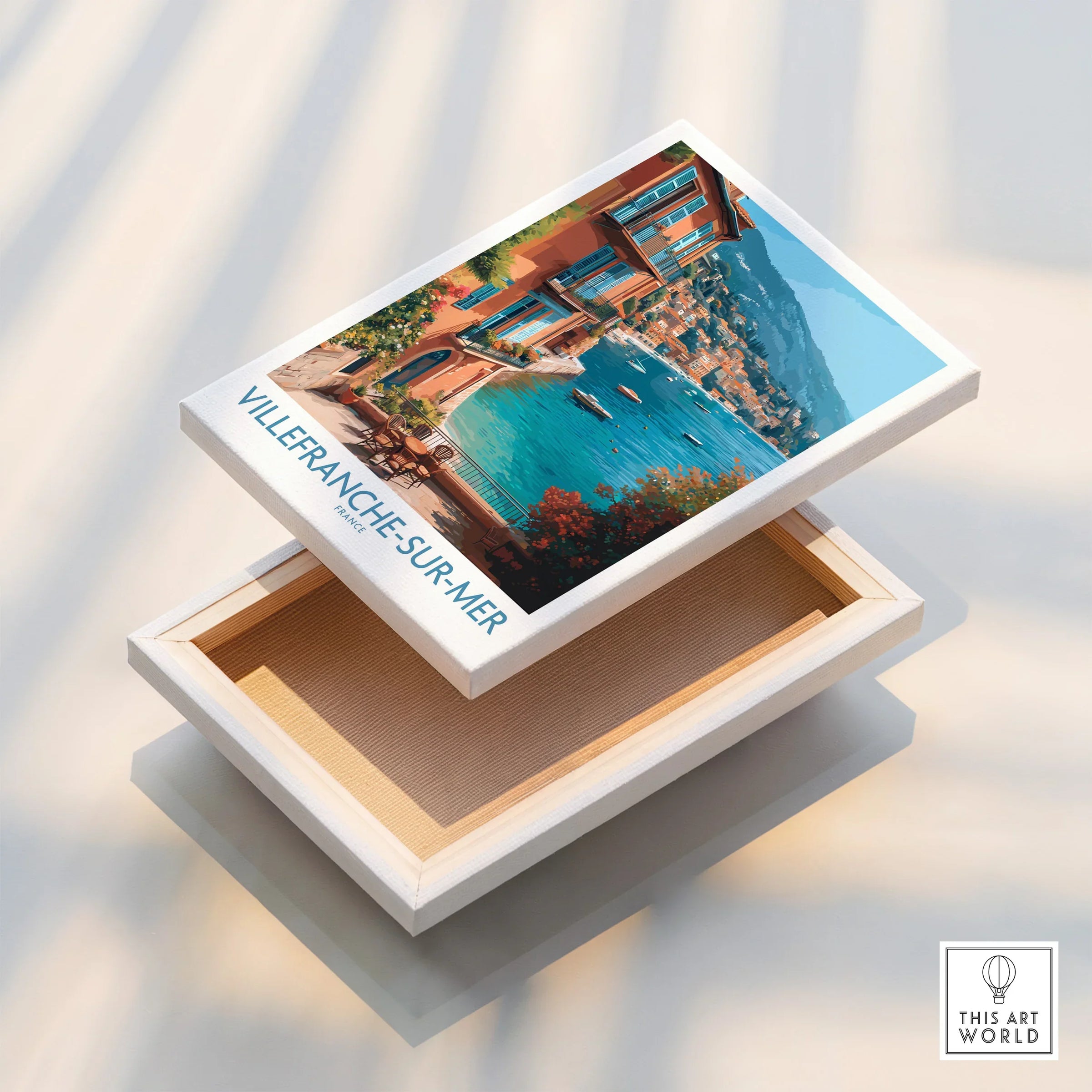 Villefranche-sur-Mer travel poster canvas print with colorful coastal town and blue sea