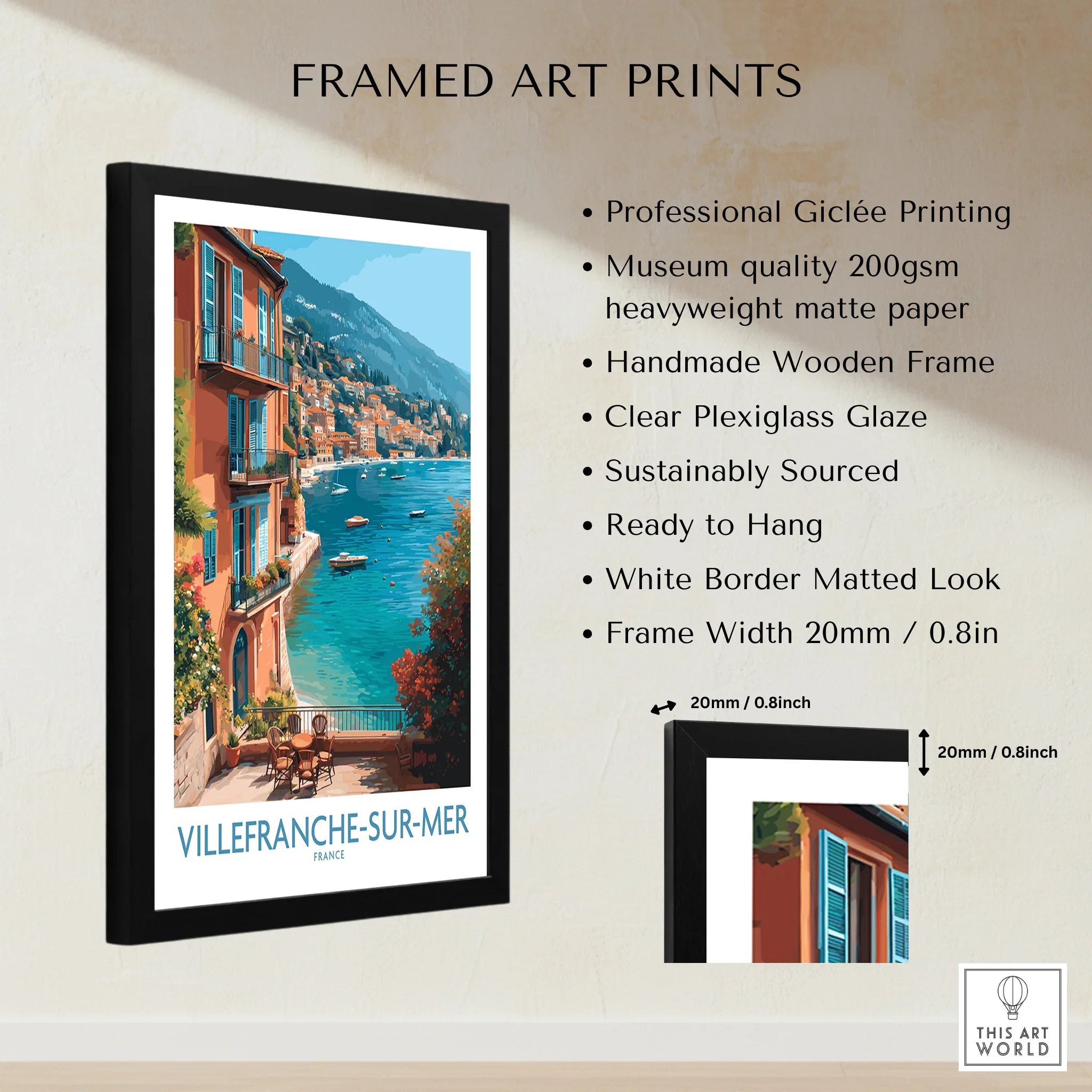 Framed Villefranche-sur-Mer travel print with wooden frame, white border, and art print details
