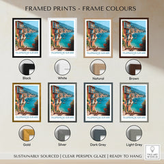 Villefranche-sur-Mer travel poster framed wall art shown with eight frame color options.