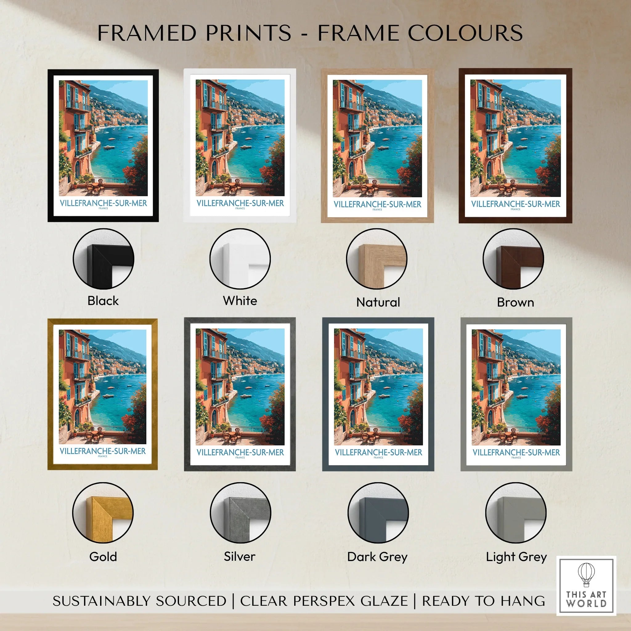 Villefranche-sur-Mer travel poster framed wall art shown with eight frame color options.