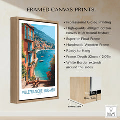 Villefranche-sur-Mer framed travel poster wall art with wooden float frame and blue sea view
