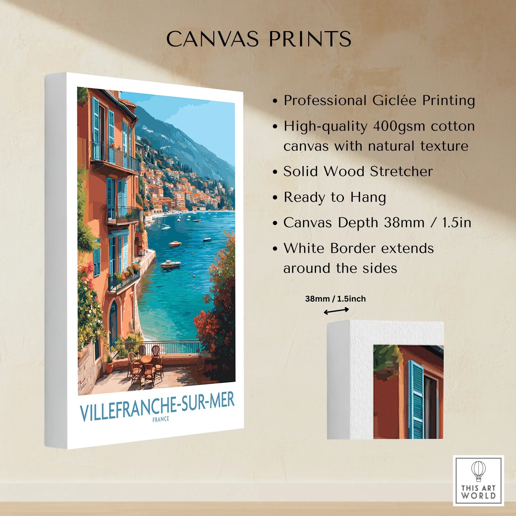 Villefranche-sur-Mer canvas wall art featuring colorful buildings and a scenic coastal view
