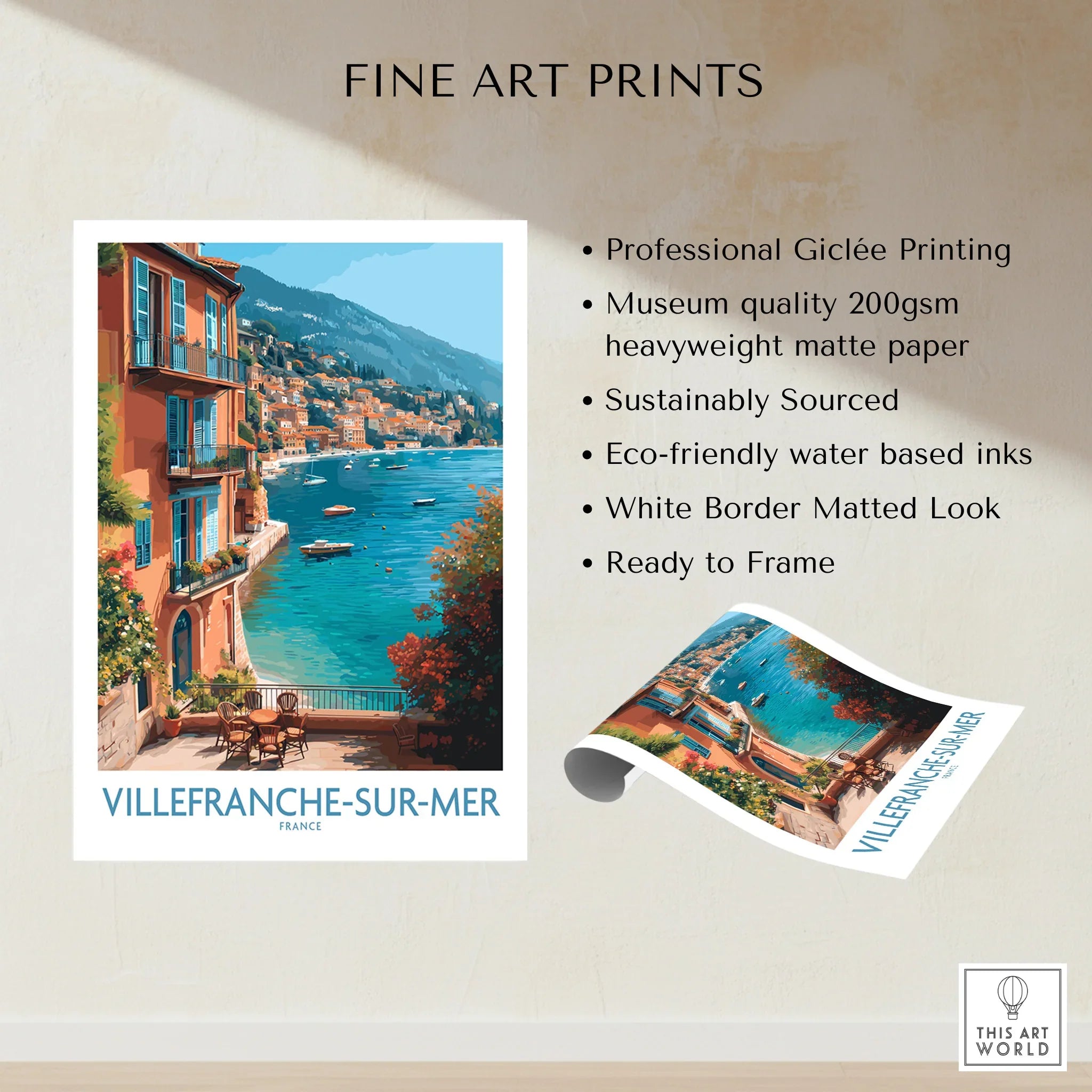 Villefranche-sur-Mer fine art print featuring a vibrant seaside view and colorful buildings.