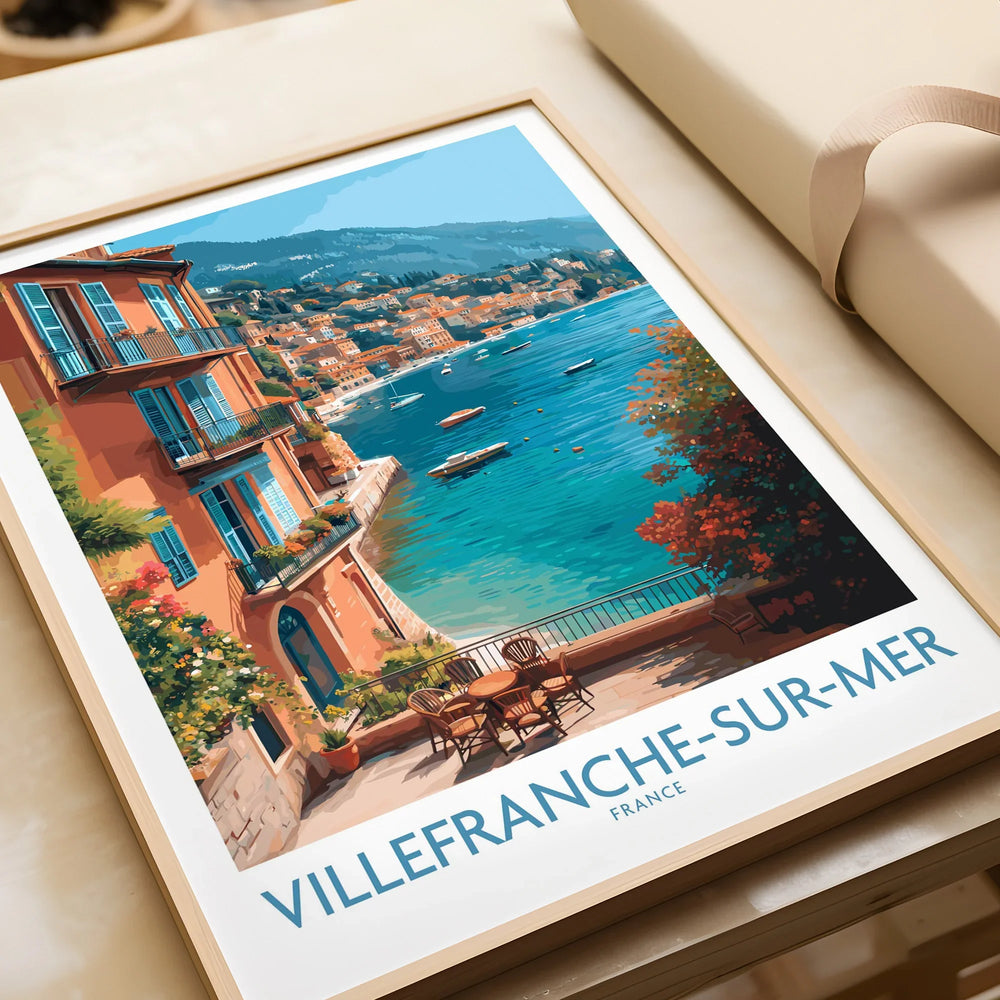 Villefranche-sur-Mer travel poster art print in natural wood frame, coastal French Riviera scene