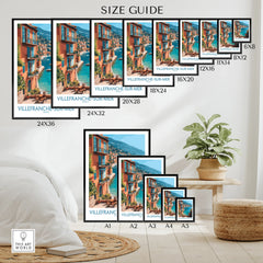 Villefranche-sur-Mer travel poster size guide with colorful coastal wall art in bedroom setting