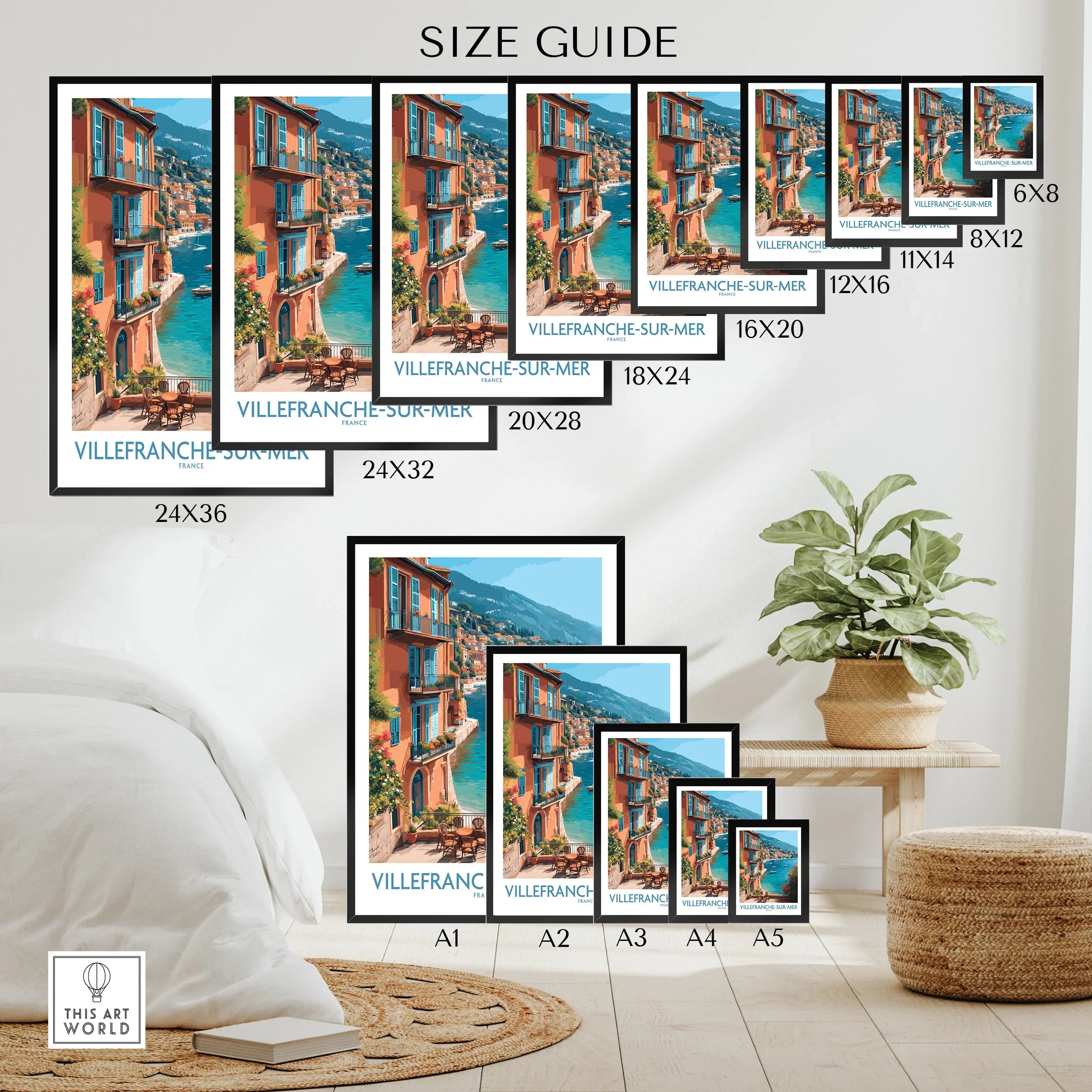 Villefranche-sur-Mer travel poster size guide with colorful coastal wall art in bedroom setting