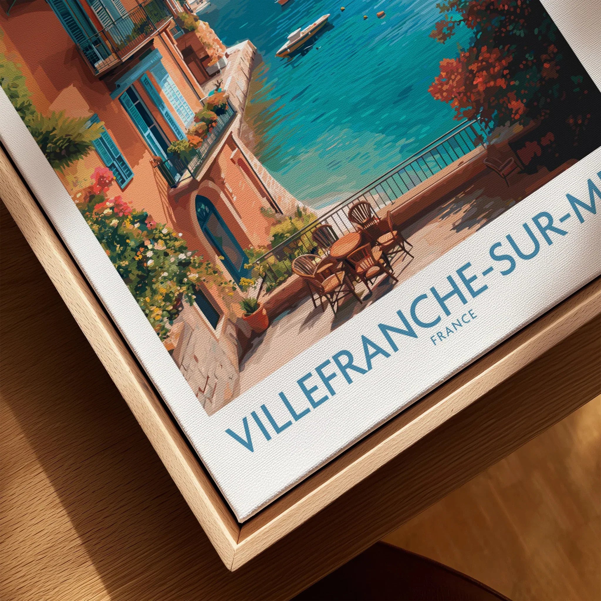 Villefranche-sur-Mer travel poster in a natural wood floating frame, colorful seaside art print
