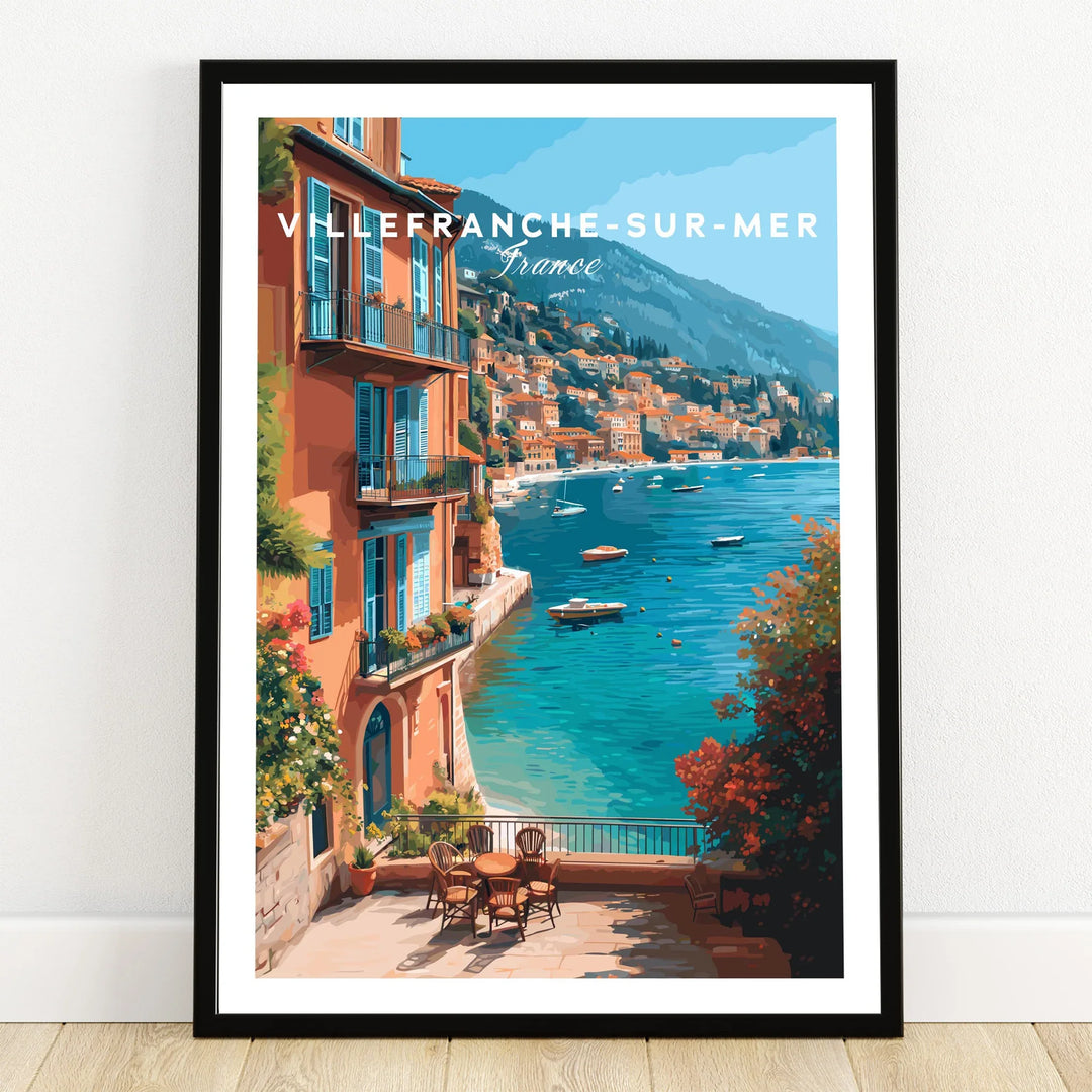 Villefranche-sur-Mer travel art print in black frame, coastal view with boats and colorful buildings