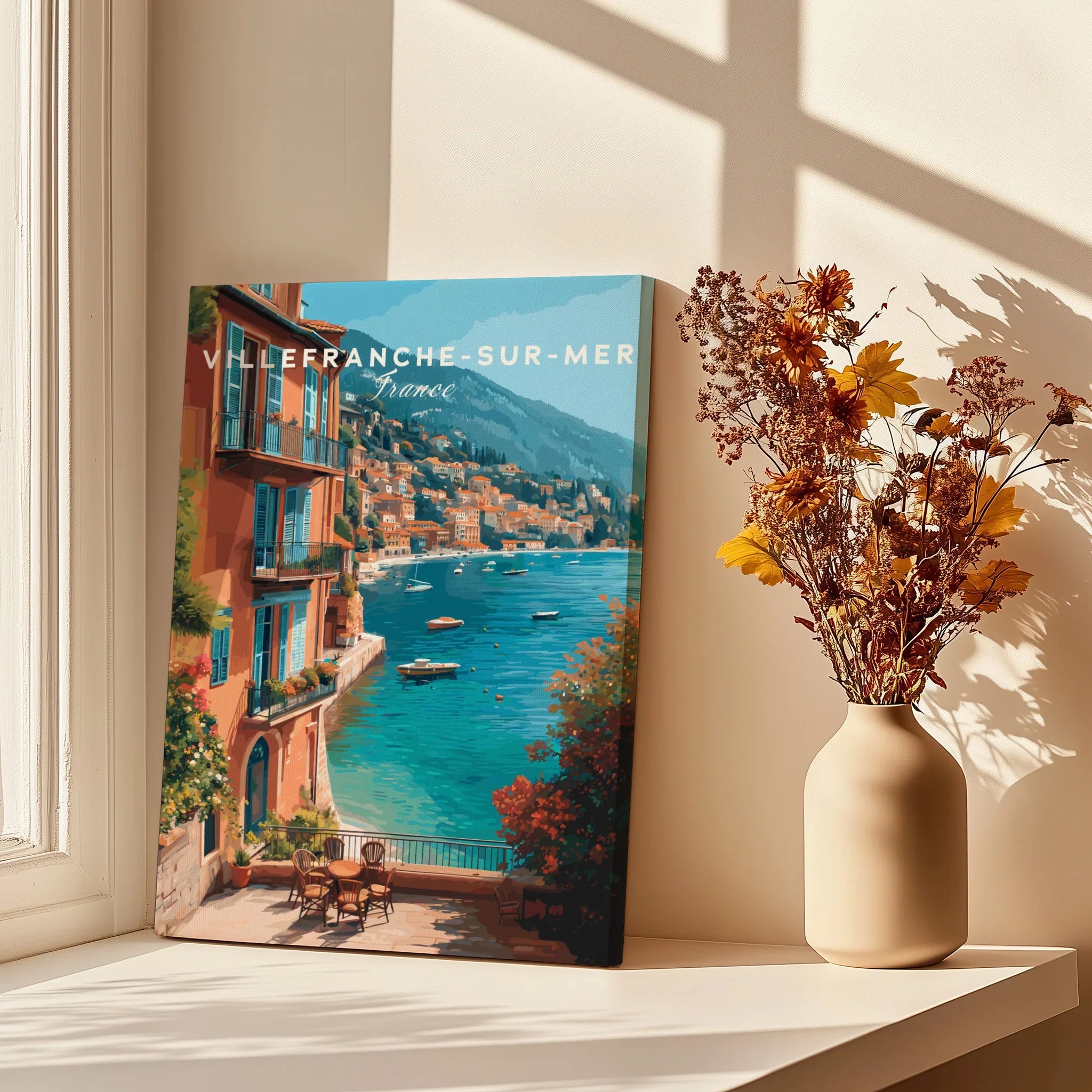 Villefranche-sur-Mer travel poster canvas print by window with shadows and vase of flowers