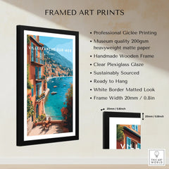 Framed Villefranche-sur-Mer travel art print with Mediterranean coast, black wooden frame, product details and measurements.