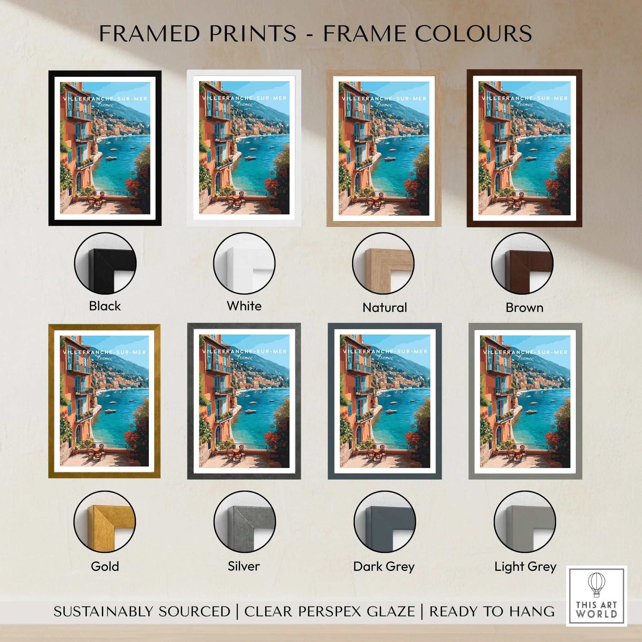 Villefranche-sur-Mer travel poster print in eight different frame color options