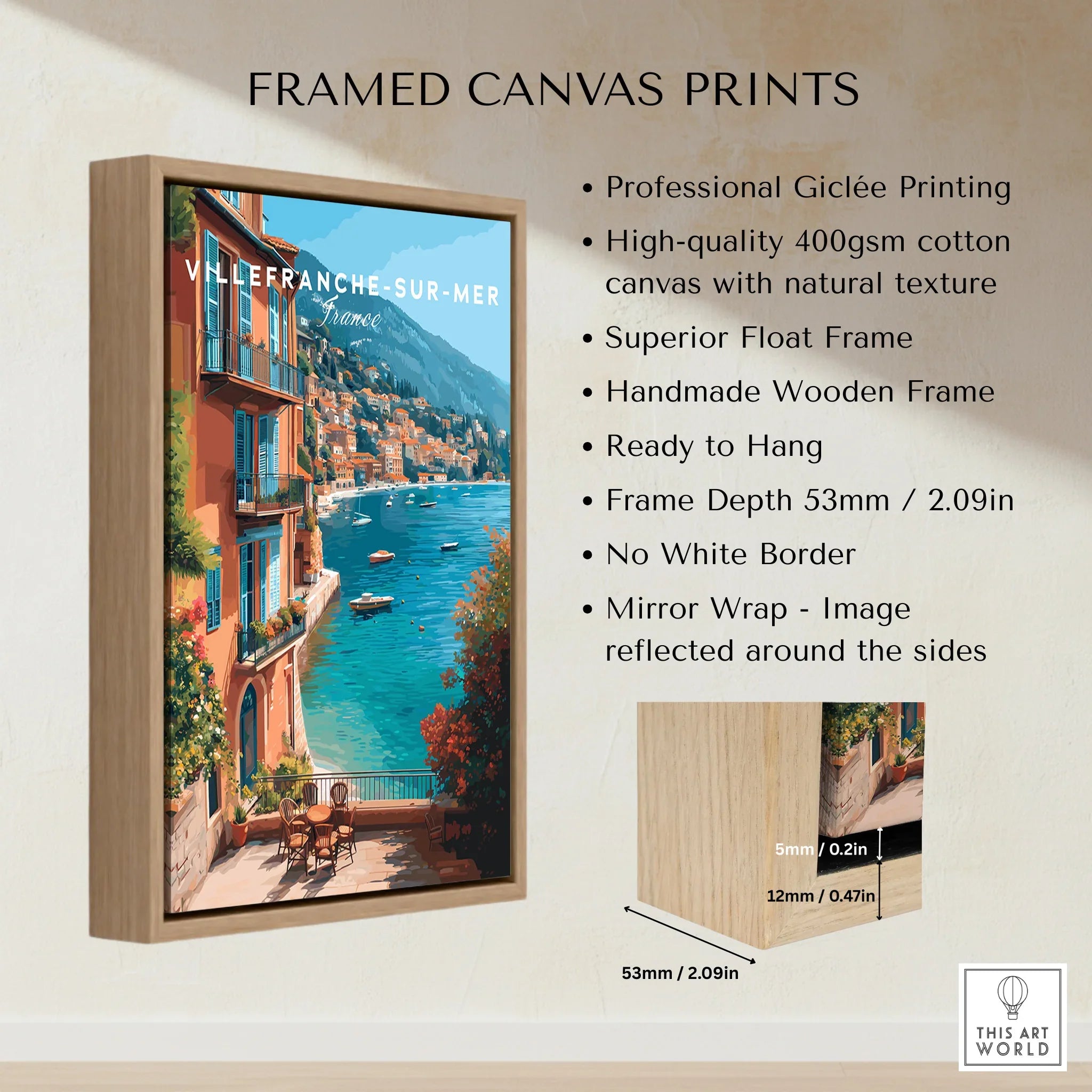 Villefranche-sur-Mer France travel poster framed canvas print with colorful coastal view