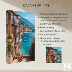 Villefranche-sur-Mer canvas print featuring colorful coastal buildings, blue sea, and boats