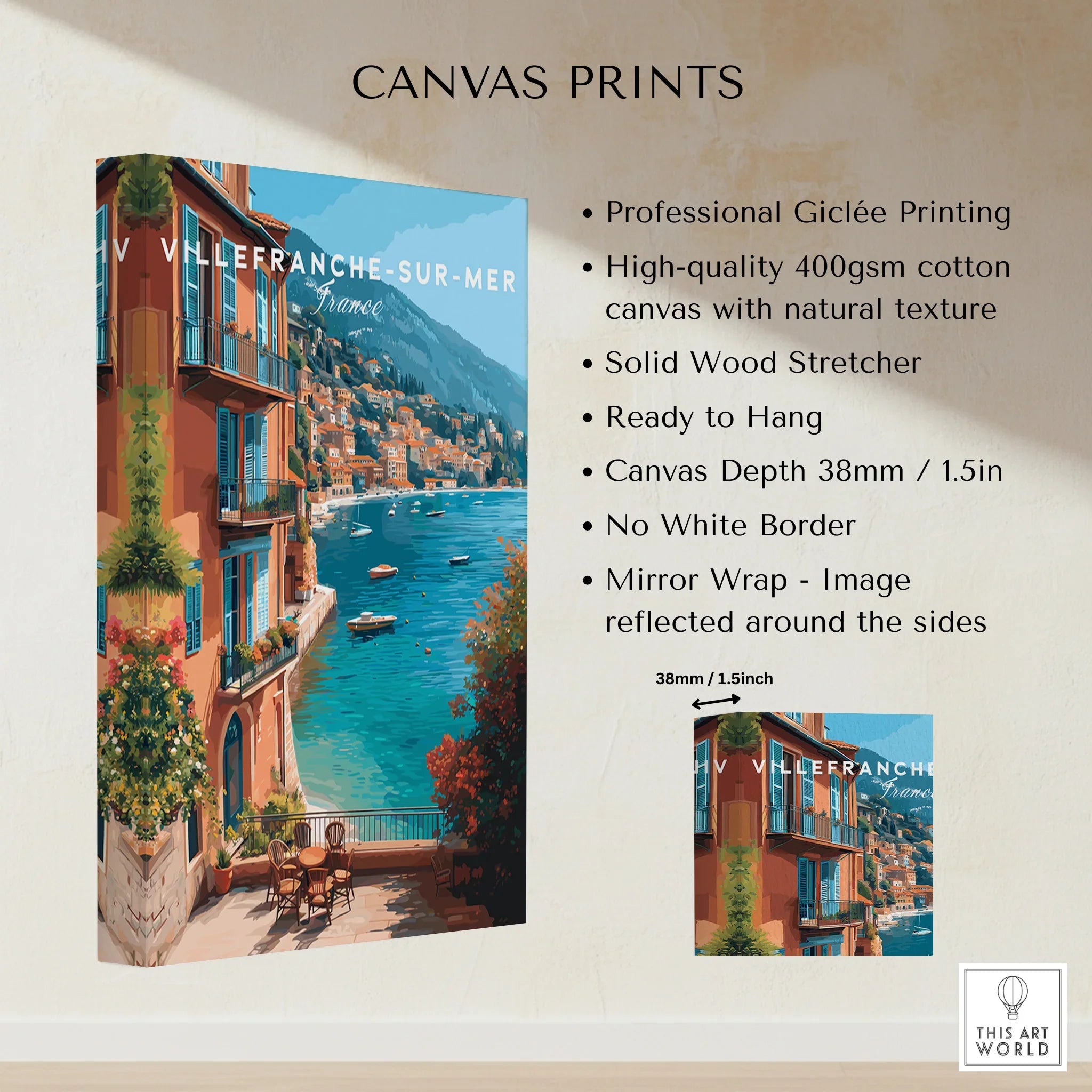 Villefranche-sur-Mer canvas print featuring colorful coastal buildings, blue sea, and boats