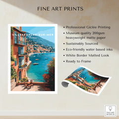Villefranche-sur-Mer wall art print featuring colorful coastal buildings and serene blue water