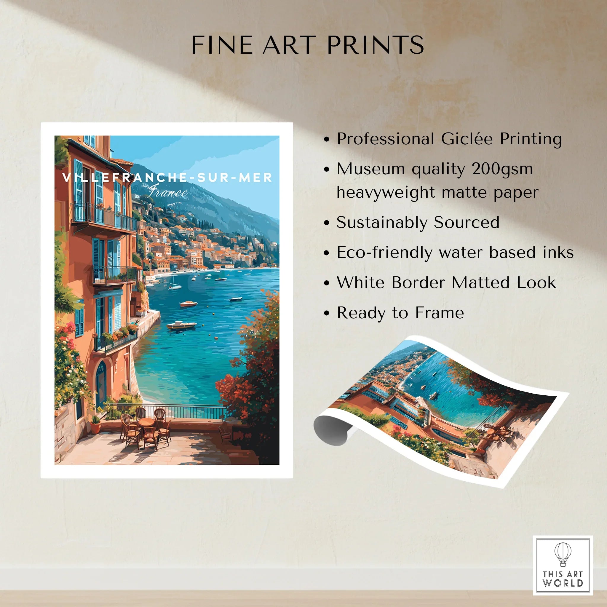 Villefranche-sur-Mer wall art print featuring colorful coastal buildings and serene blue water