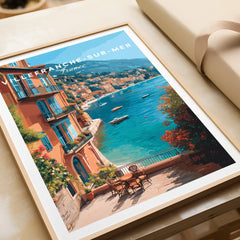 Villefranche-sur-Mer travel poster art print in natural wood frame, coastal wall decor