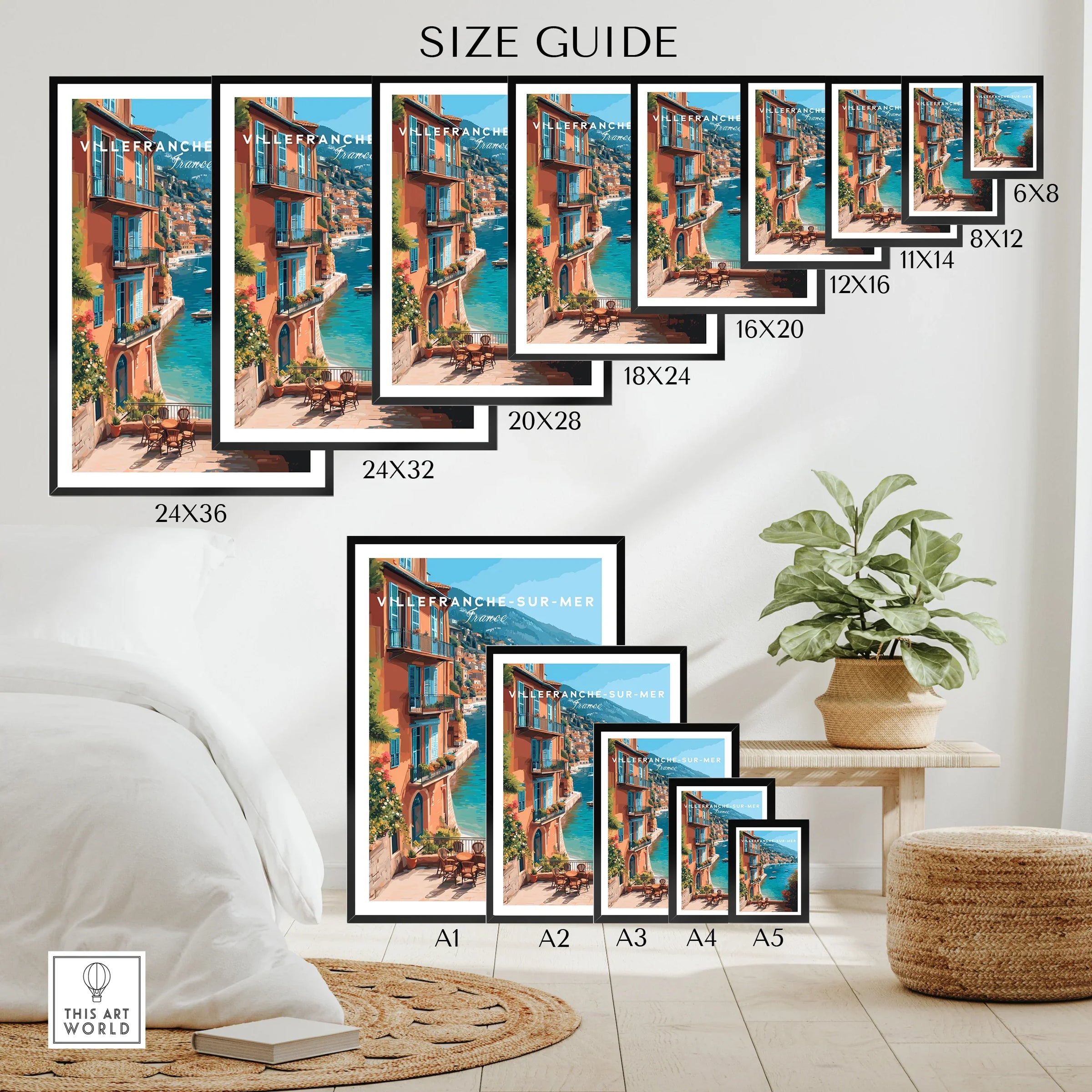Villefranche-sur-Mer travel poster wall art size guide, coastal French Riviera view